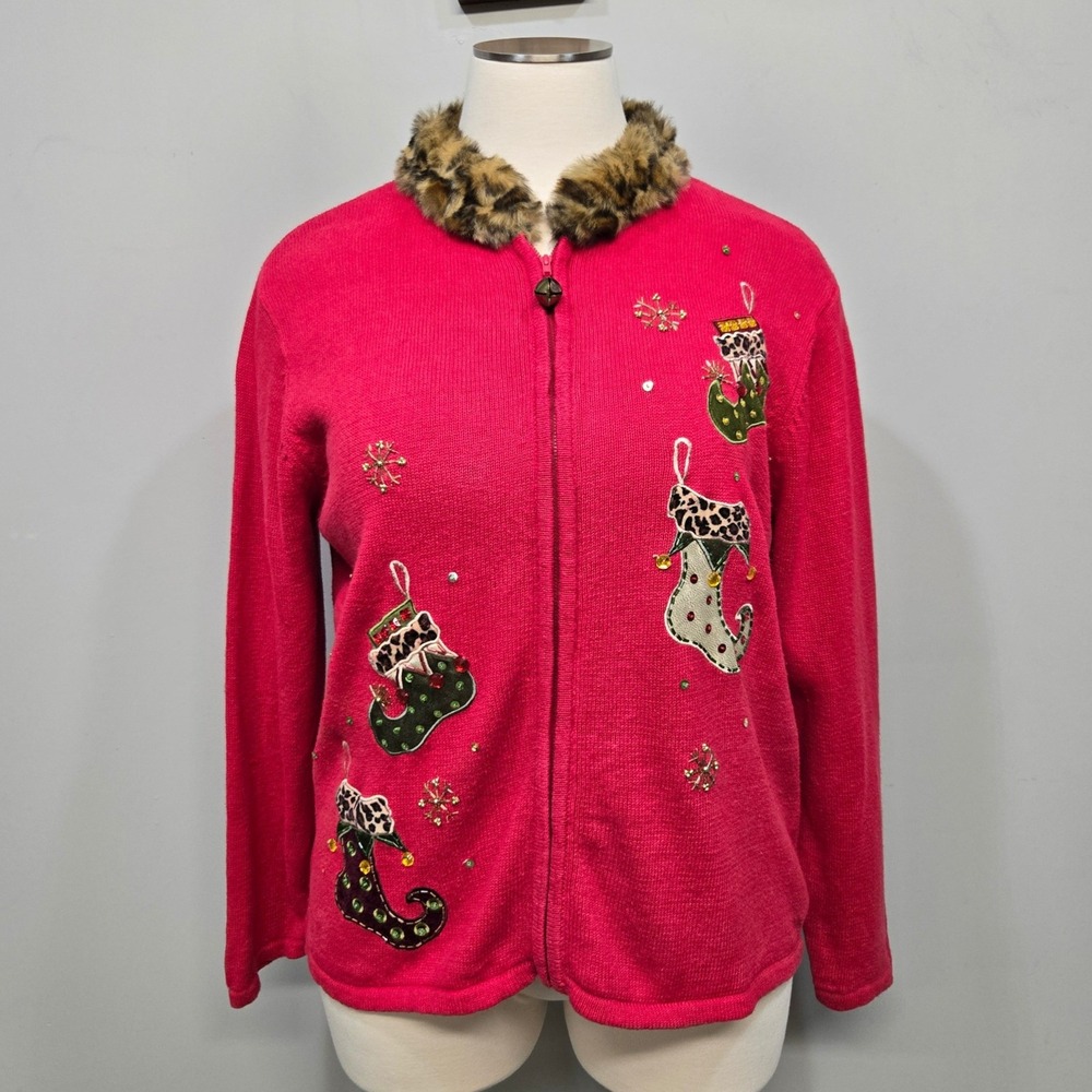 VTG Heirloom Collectibles Christmas Cardigan 2X Stocking Leopard Faux Fur Collar